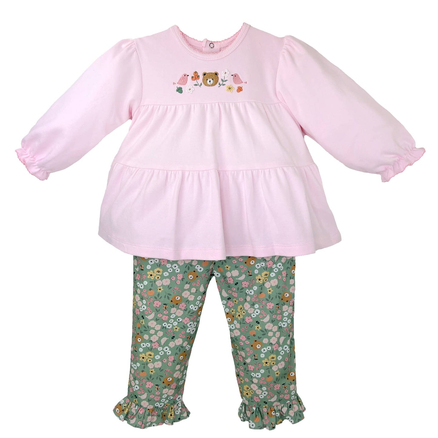 Teddy Bear Floral Embroidered Top and Pant Set