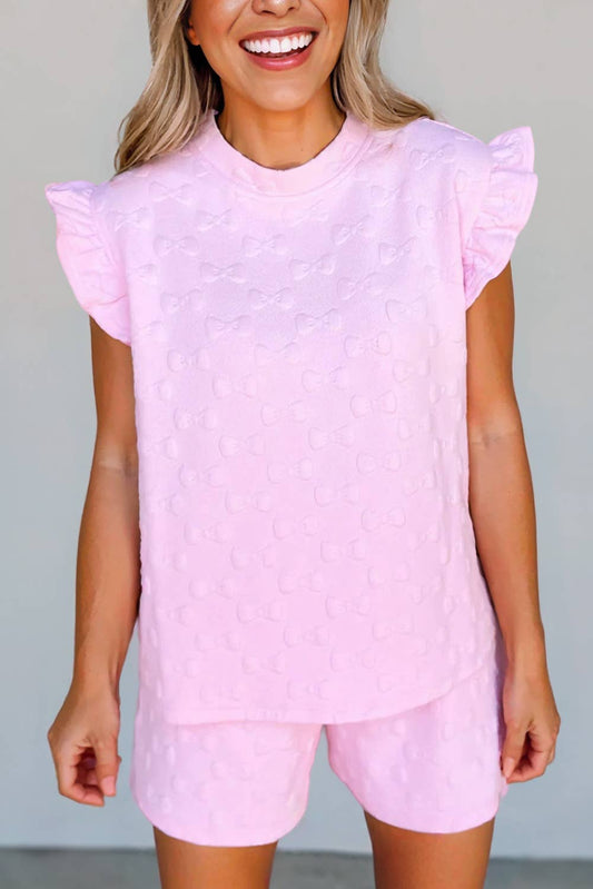 Bow Jacquard Ruffle Sleeve Short 2pcs Outfit | S-XL