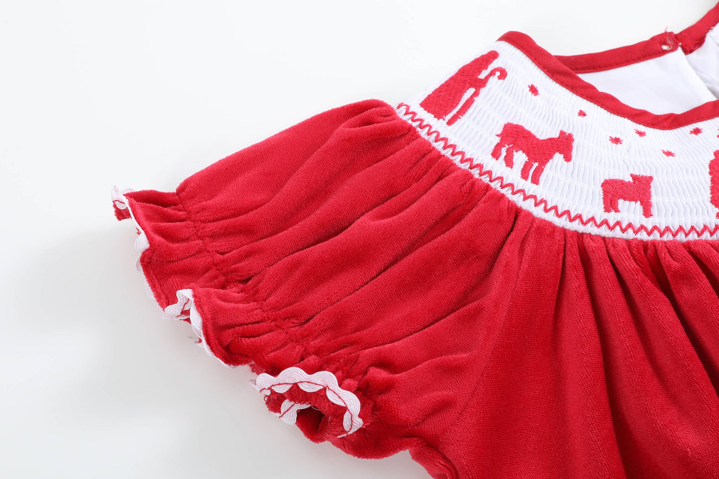 Red Corduroy Christmas Nativity Smocked Bishop Dress