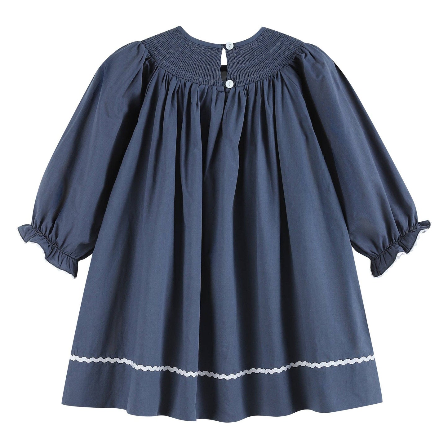 Navy Blue Nativity Long Sleeve Smocked Bishop Dress