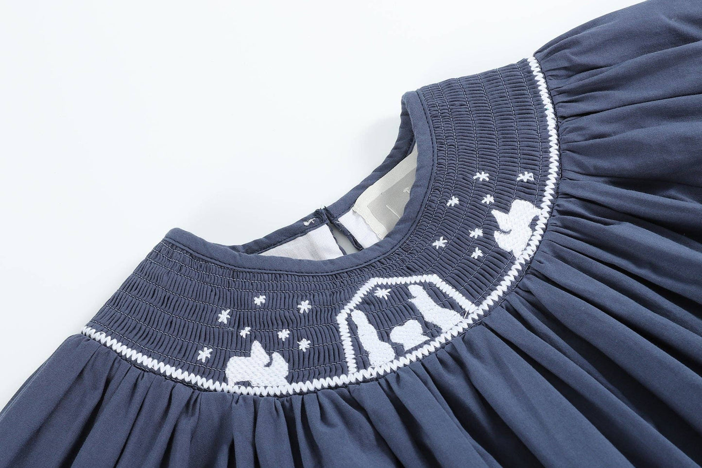 Navy Blue Nativity Long Sleeve Smocked Bishop Dress